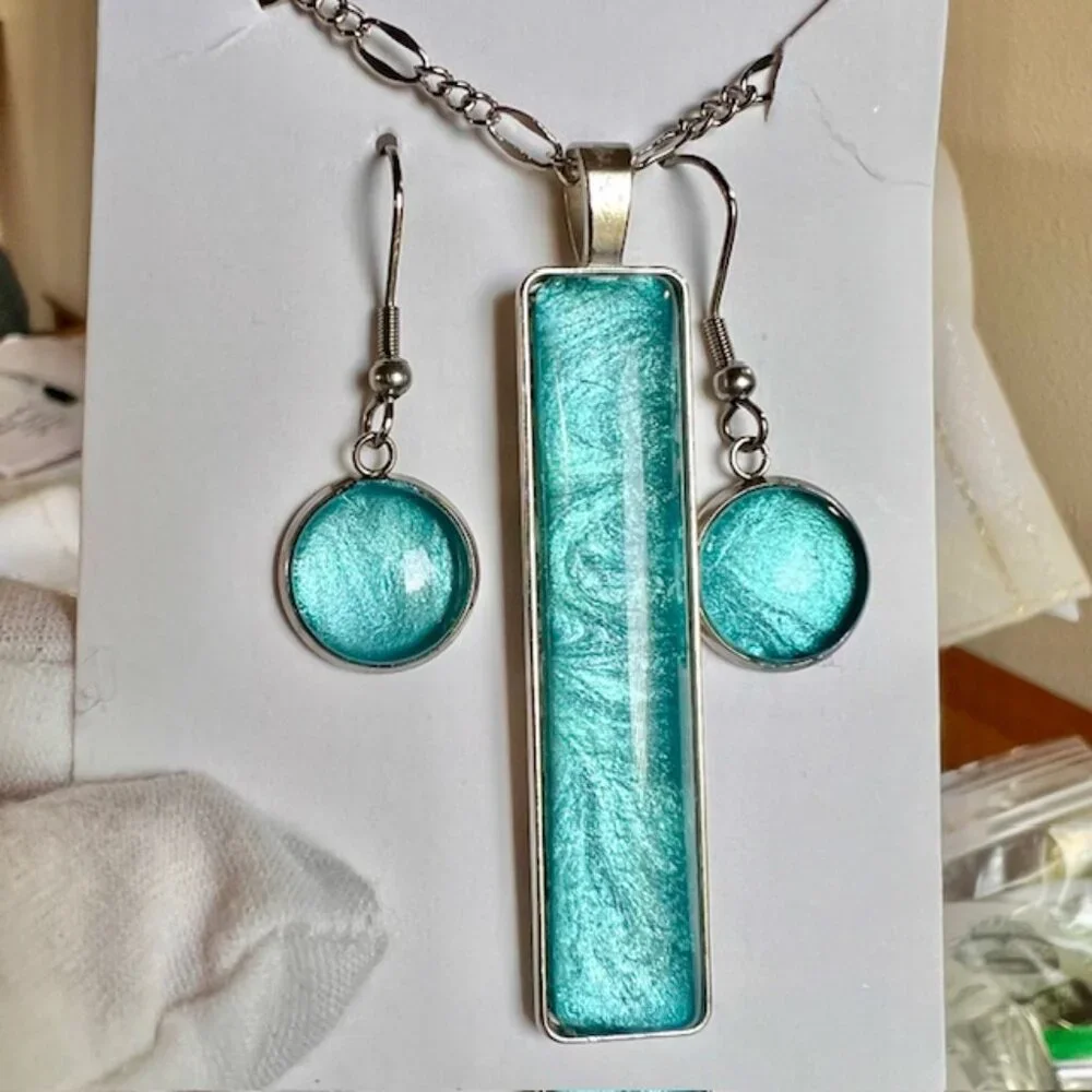 Blue Necklace & Earring Gift Set, Handmade Blue Jewelry, Stainless Steel, Glass - Picture 3 of 9